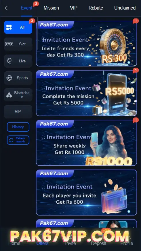 The event list for PAK67 was displayed, primarily focusing on referral bonuses.