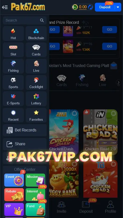 Pak67's game lobby showcases a variety of game types for players to choose from.