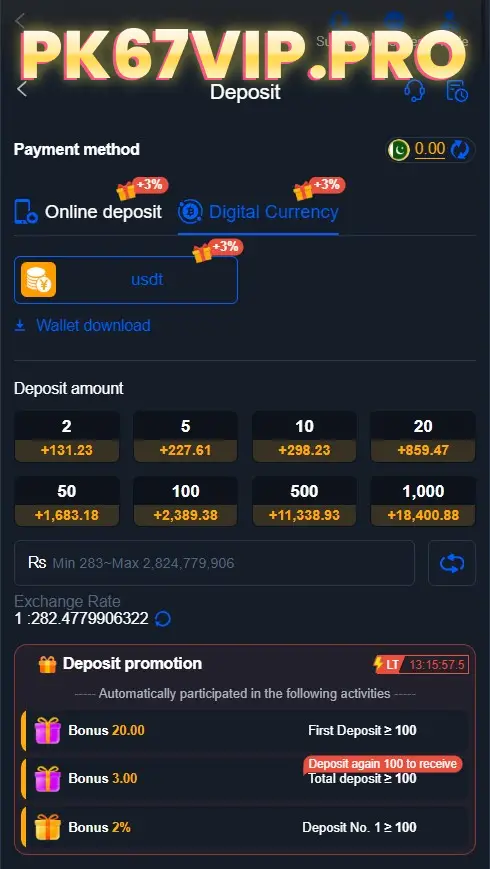 This demonstrates one of PAK67's online top-up methods: digital currency (USDT).